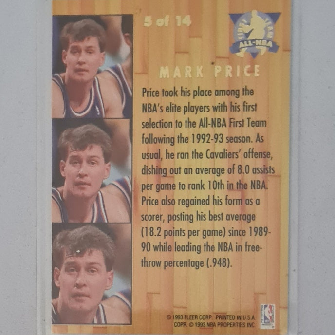 Mark Price 1993 Fleer Ultra 93-94 all NBA first team 5 of 14 NBA Basketball Cleveland Cavaliers Excellent Sleeved