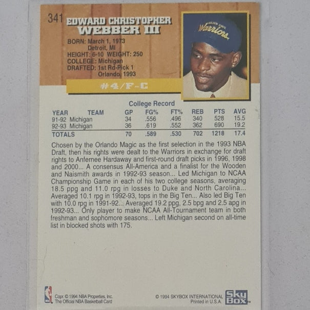 Chris Webber 1994 Skybox NBA Hoops Rookie RC #341 NBA Basketball golden state warriors Excellent Sleeved