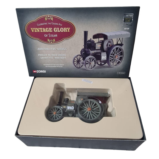 Model steam engine in a box with 'Vintage Glory' branding on a textured surface.