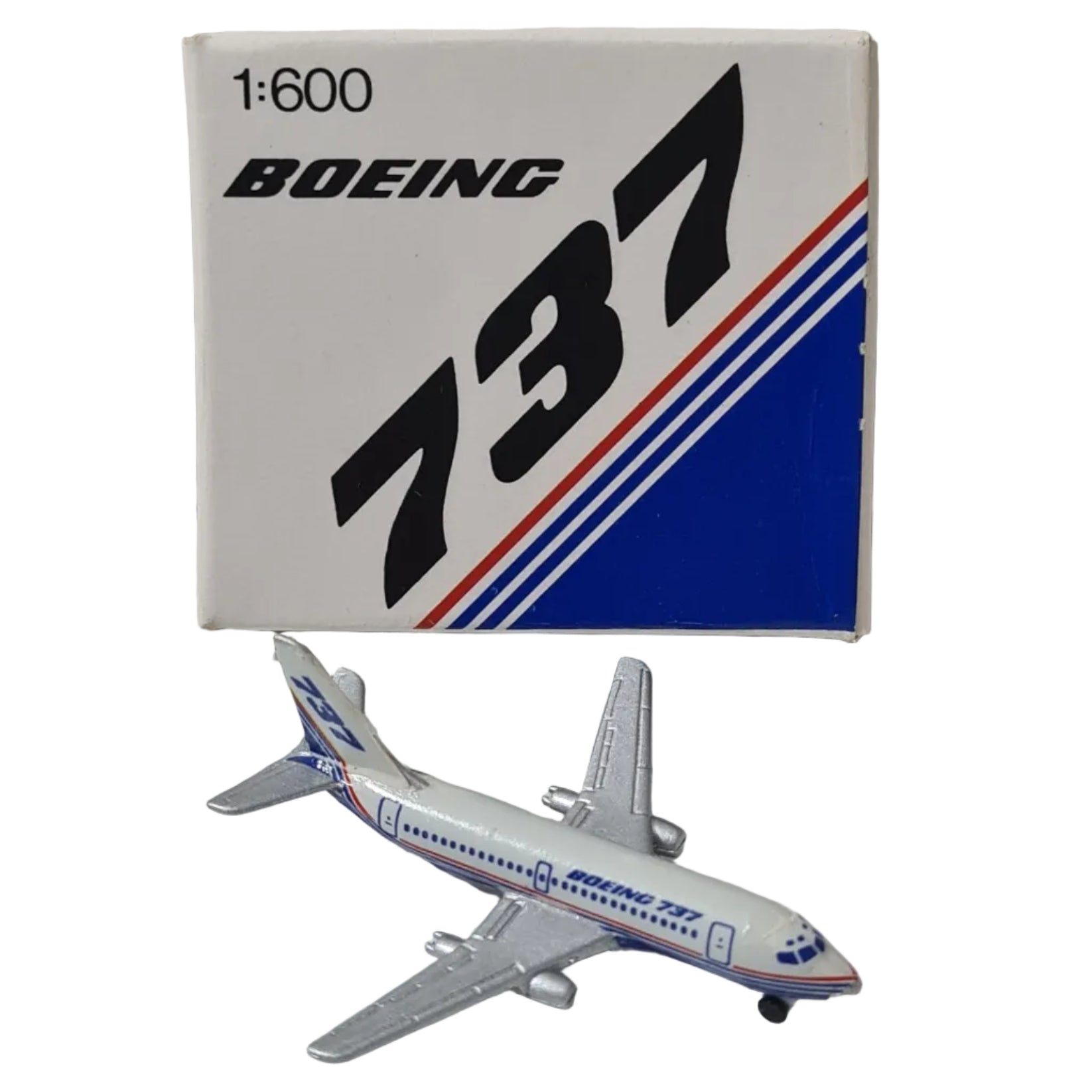 Model airplane with packaging displaying 'Boeing' branding on a textured white background.