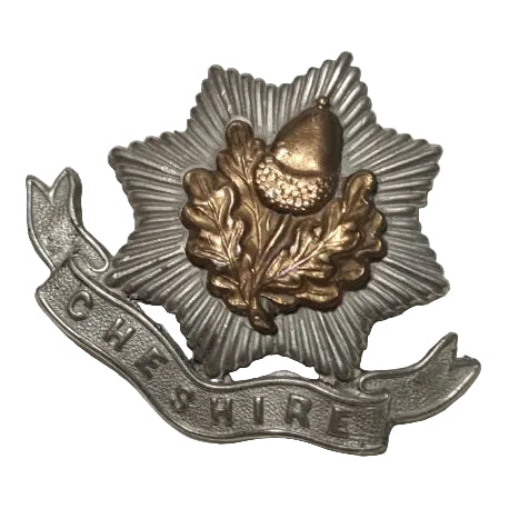 Metallic badge with embossed design on a textured white background