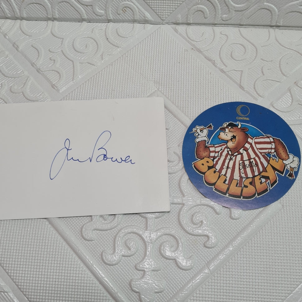 Bullseye Central Television Jim Bowen genuine signed picture & Bully Sticker 80's