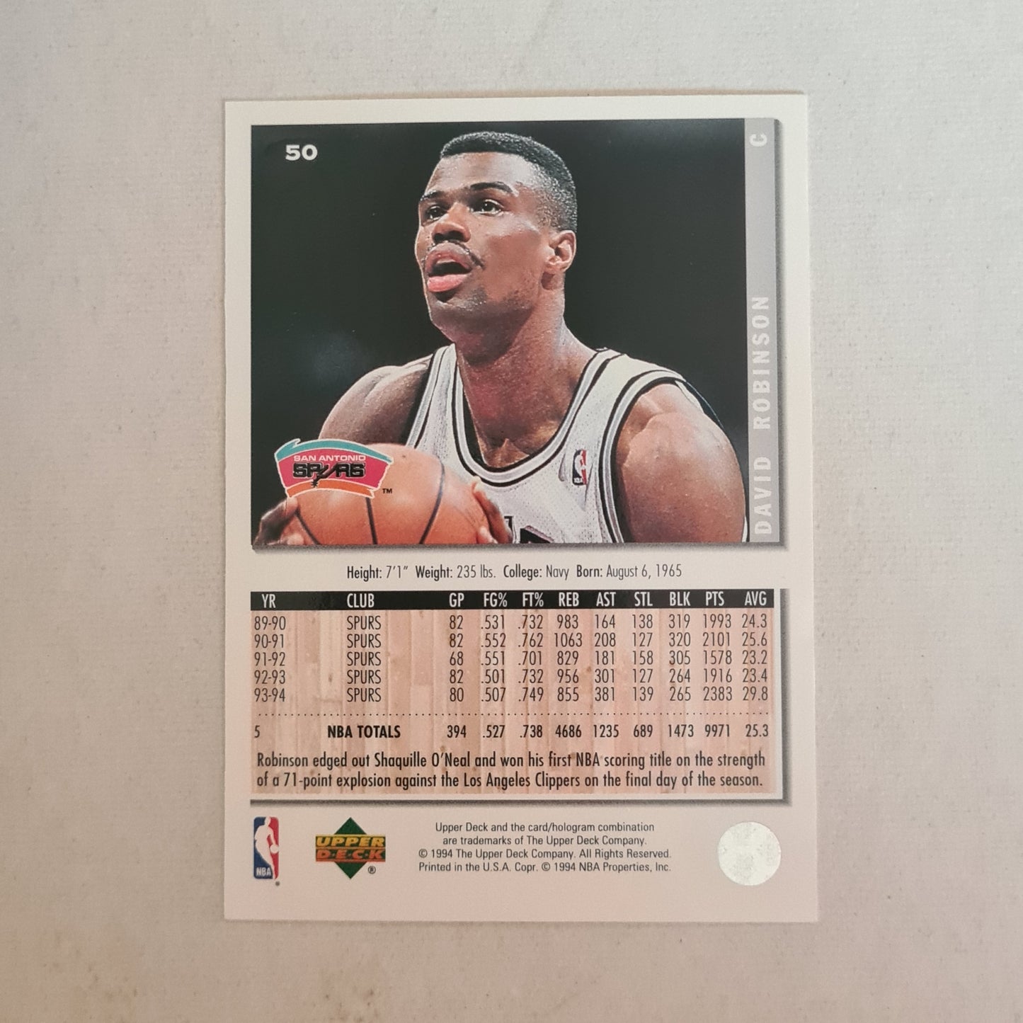 David Robinson 1994 Upper-Deck #50 NBA Basketball San Antonio Spurs excellent