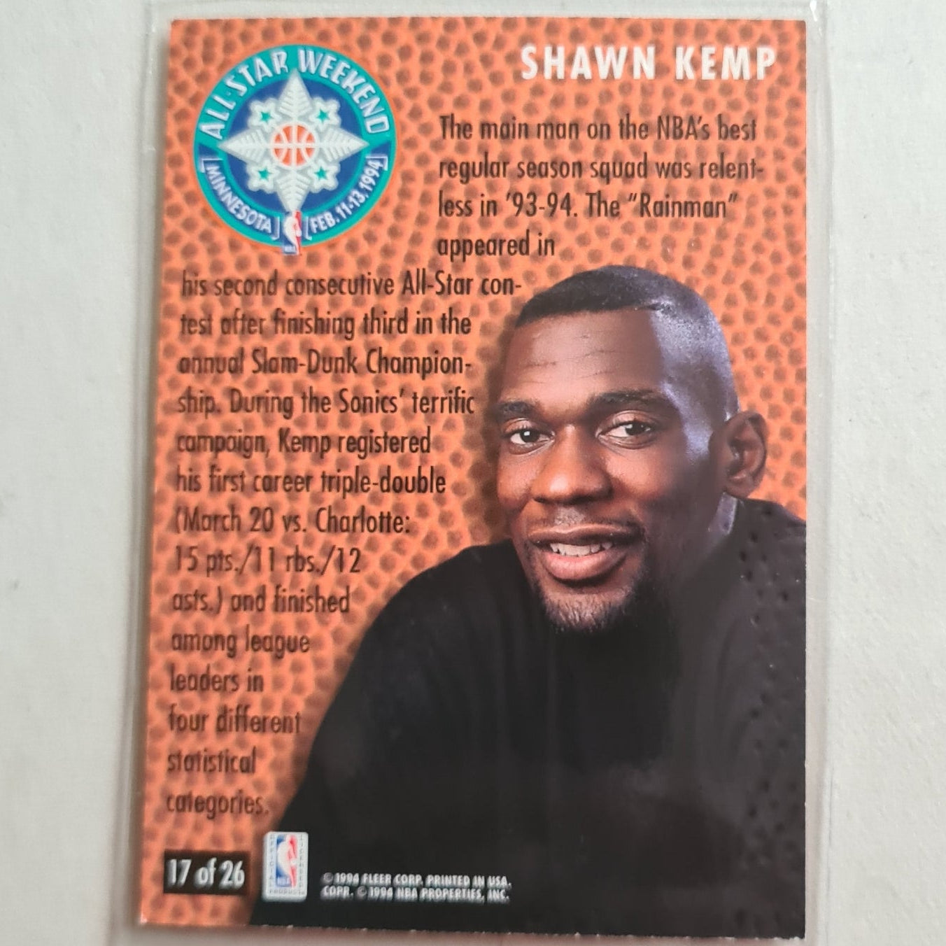 Shawn Kemp 1994 Fleer all star weekend 94-95 17 of 26 NBA Basketball Seattle Super Sonics VERY GOOD + Sleeved