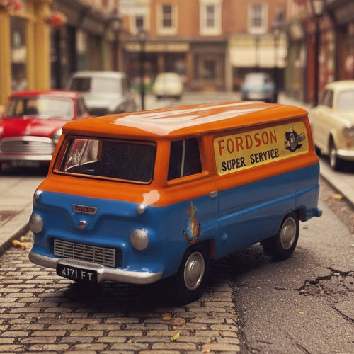 A small toy van or model car with a bright orange roof and side panel, blue body, black wheels, and a visible 'FORDSON SUPER SERVICE' decal on the side, photographed on a plain light background.