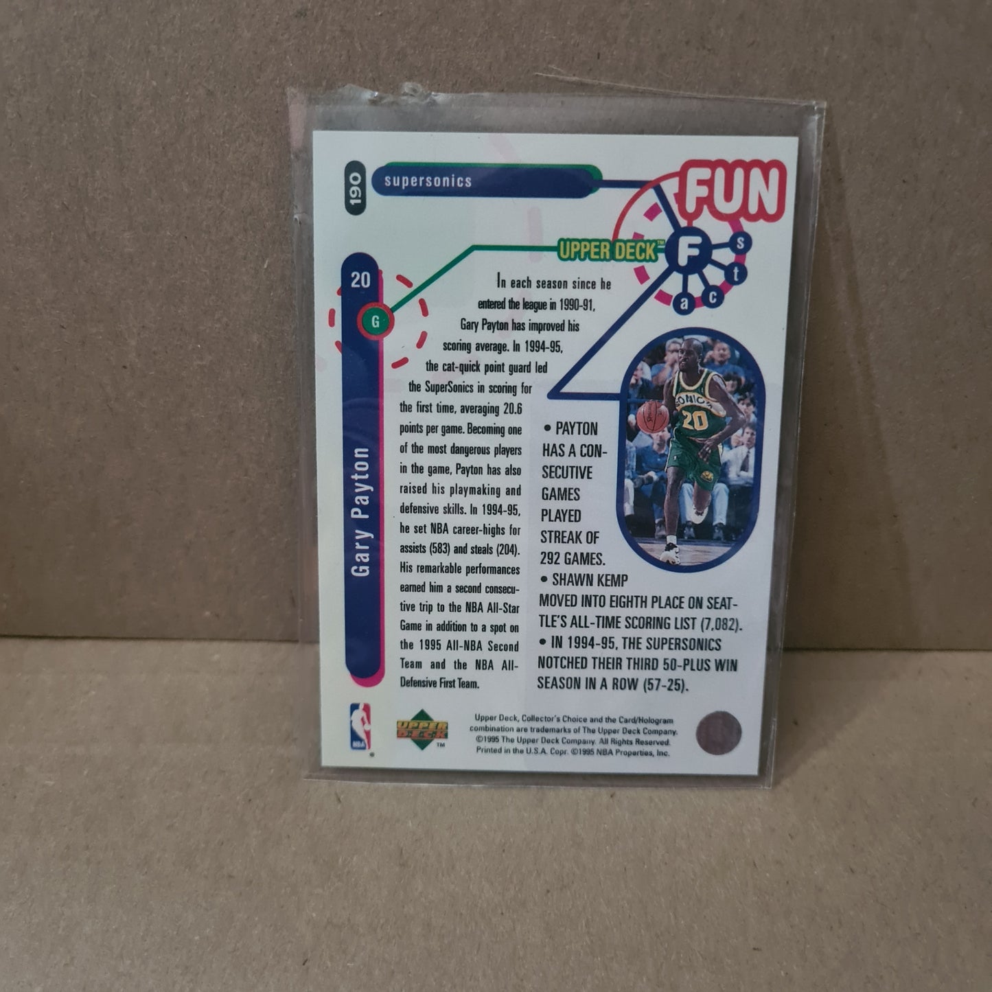 Gary Payton 1995 Upper Deck fun facts #190 Seattle Super Sonics excellent Sleeved