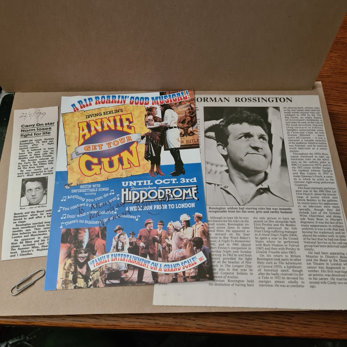 Norman Rossington autographed signed theatre Annie get your gun poster 