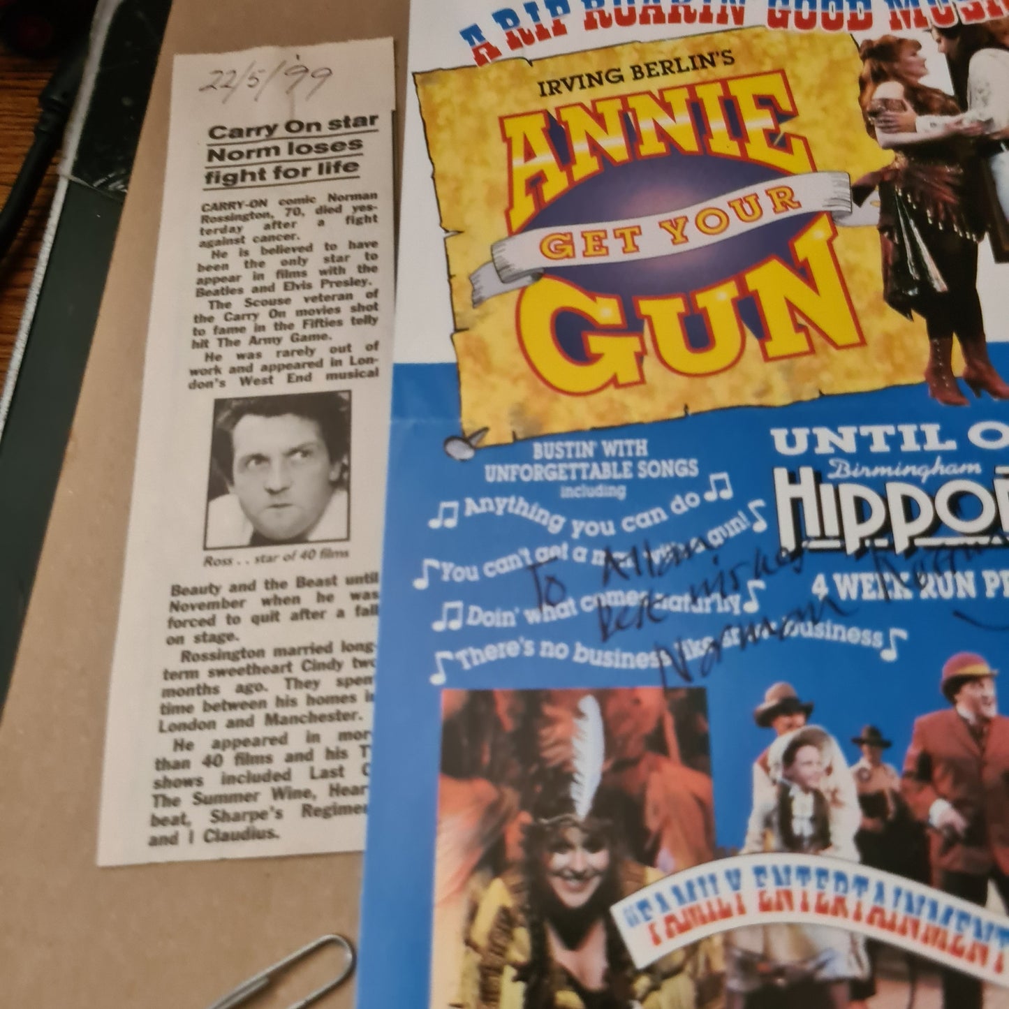 Norman Rossington autographed signed theatre Annie get your gun poster