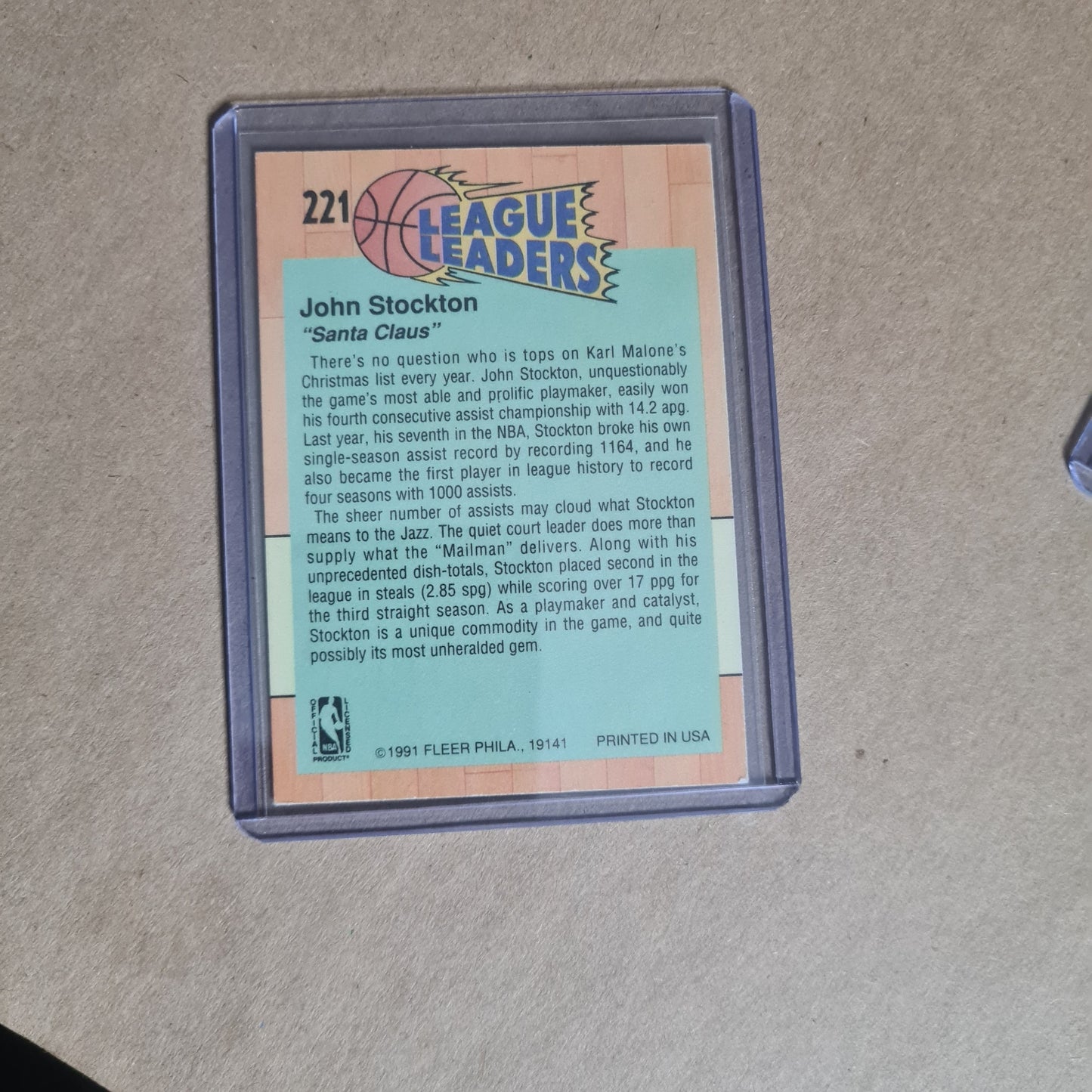 John Stockton 1991 Fleer 91' League Leaders  #221 NBA Basketball Utah Jazz fair-good in protector