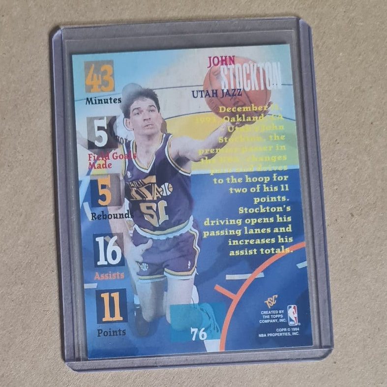 John Stockton 1994 Topps TSC through the glass #76 NBA Basketball Utah Jazz VGC in protector