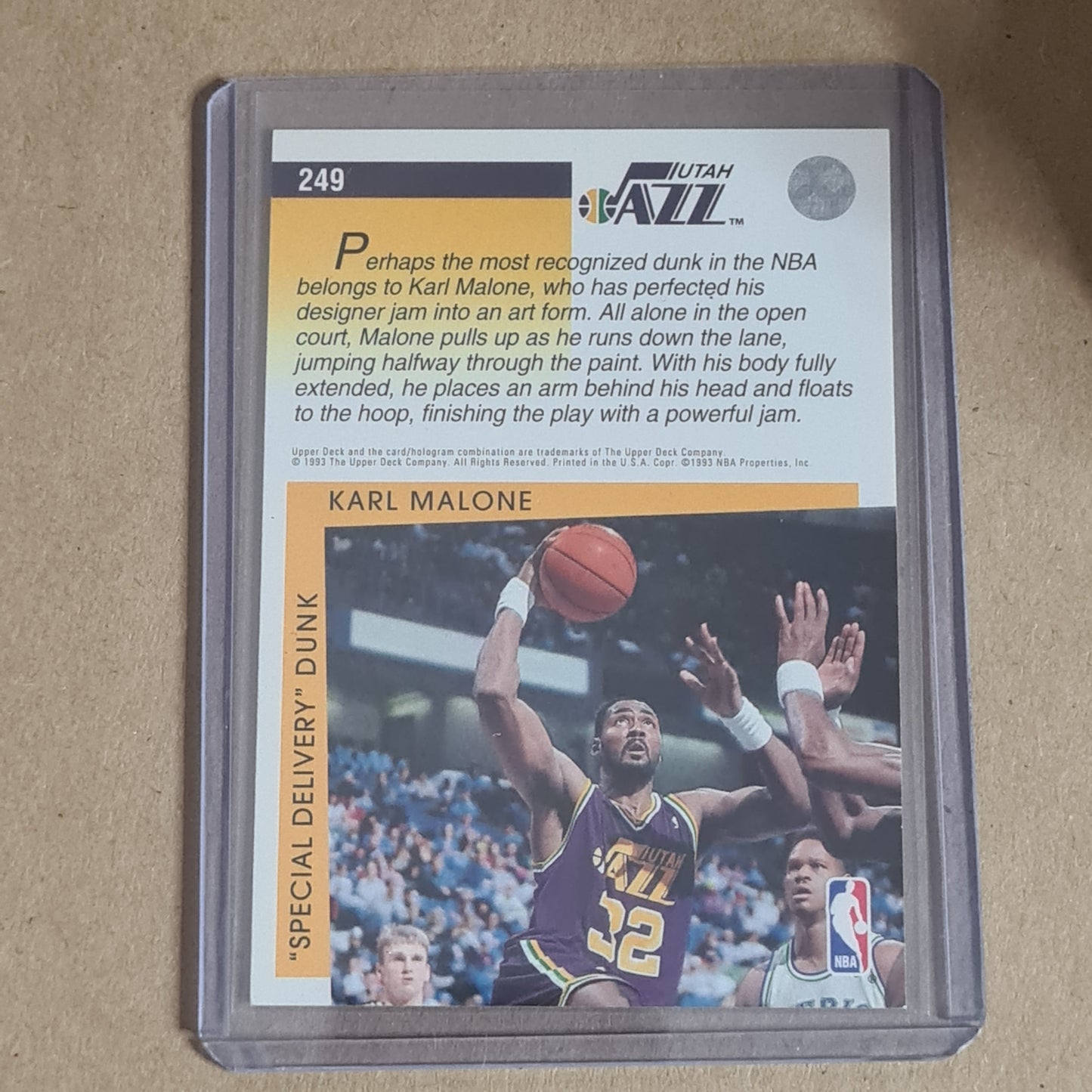 Karl Malone 1993 Upper-Deck special delivery dunk  #249 NBA Basketball Utah Jazz very good - ex sleeved