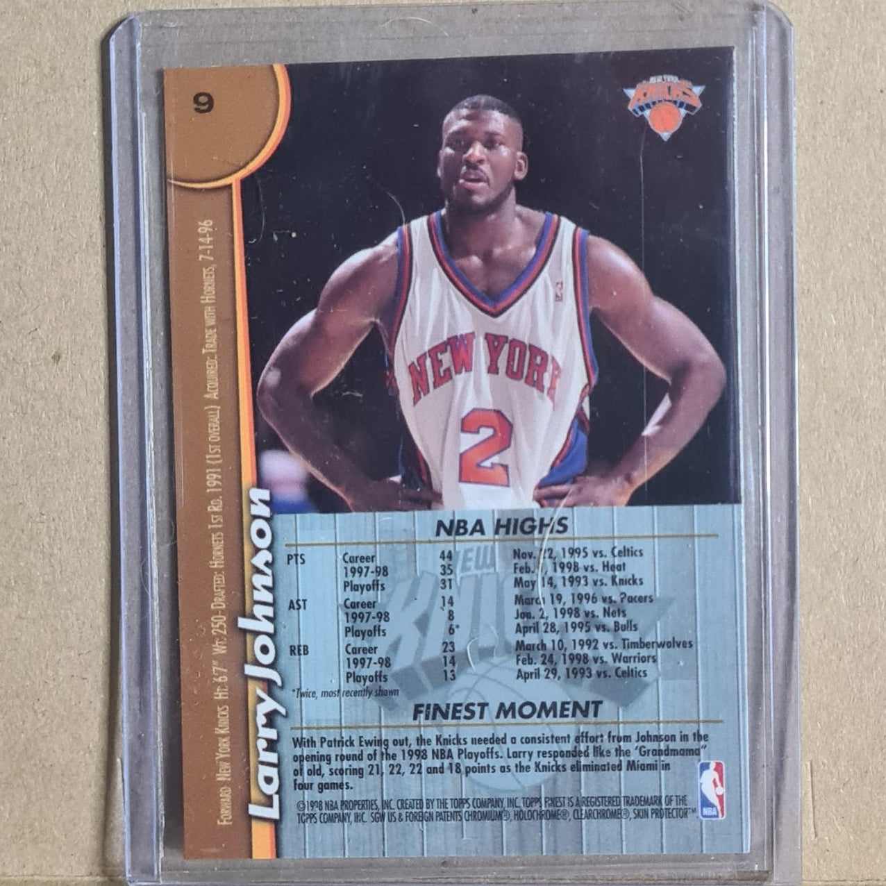 Larry Johnson Topps Finest 1998 #9  NBA Basketball New York Knicks Ex- sleeved