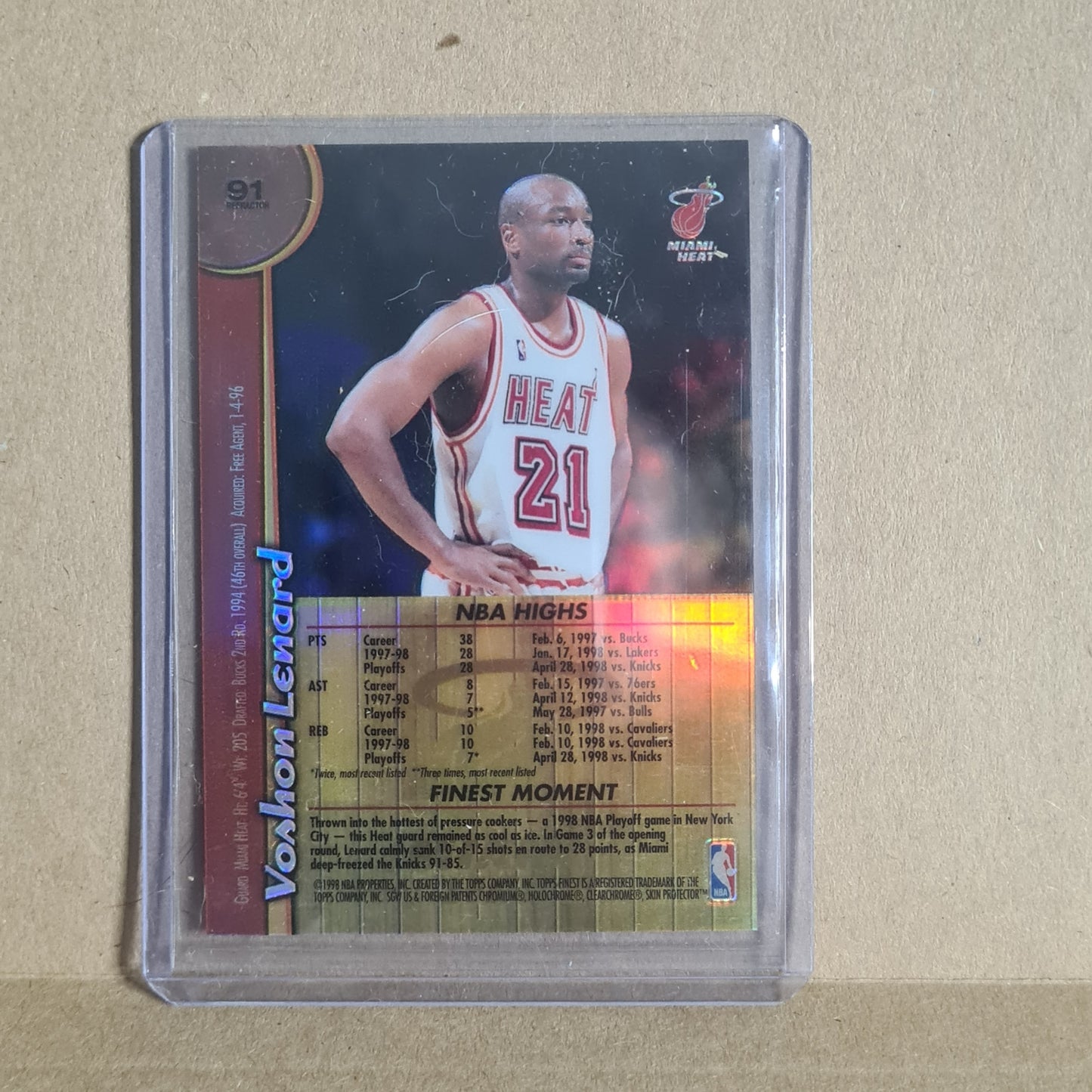 Voshon Lenard Topps Finest 1998 refractor variant #91  NBA Basketball Miami Heat Ex- sleeved