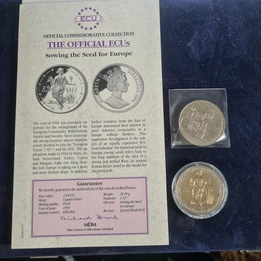 ECU Sowing the seed for Europe coin and paperwork  + 1996 ecu five pounds coin