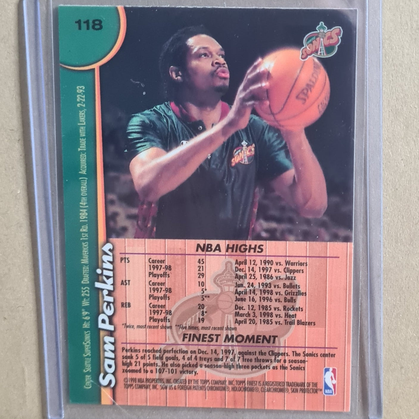 Sam Perkins Topps Finest 1998 #118 NBA Basketball Seattle Supersonics Ex- sleeved