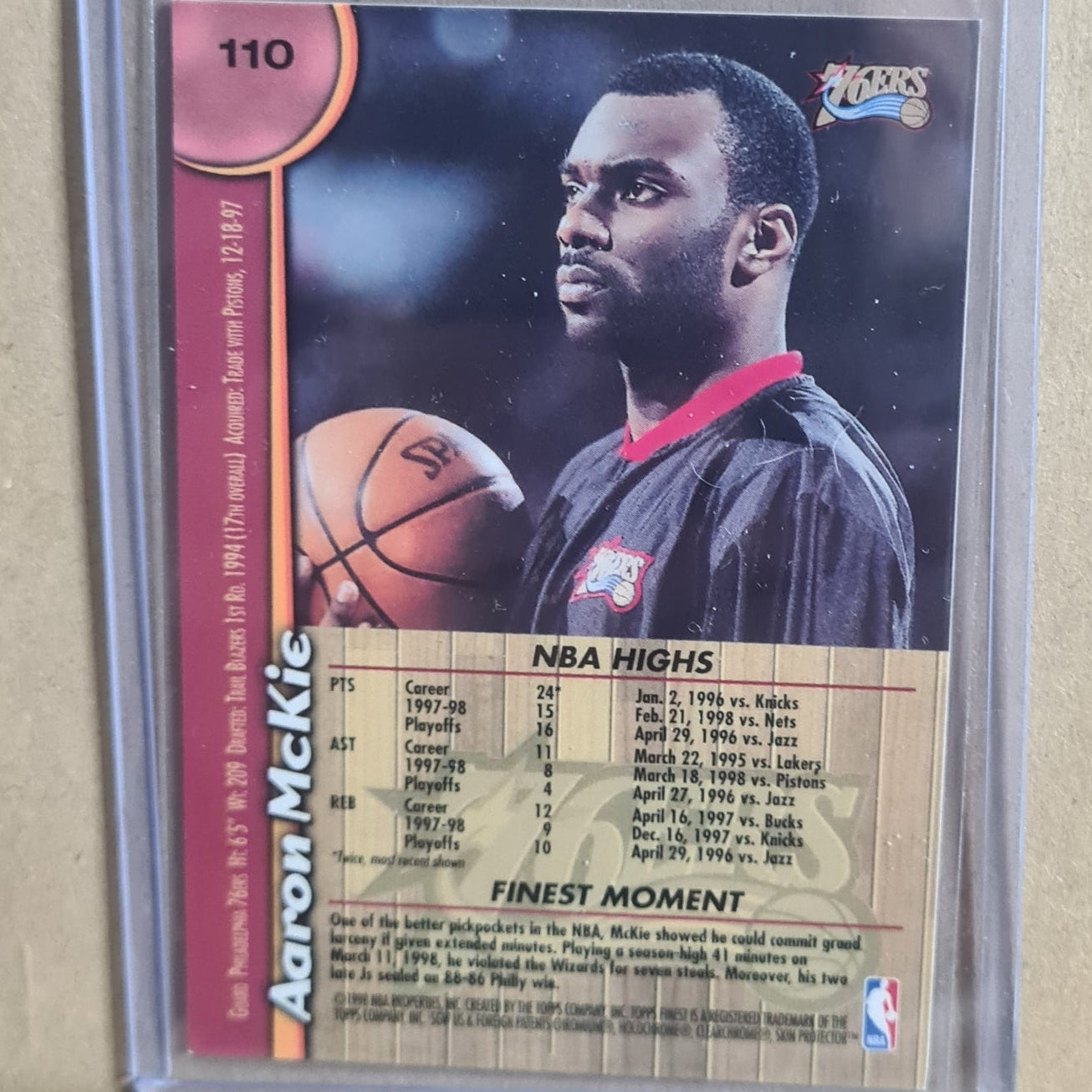 Aaron McKie Topps Finest 1998 #110 NBA Basketball Philadelphia 76ers Ex- sleeved