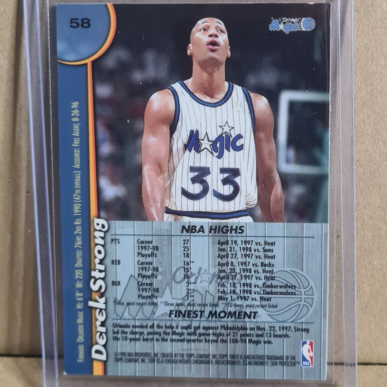 Derek Strong Topps Finest 1998 #58 NBA Basketball Orlando Magic Ex- sleeved
