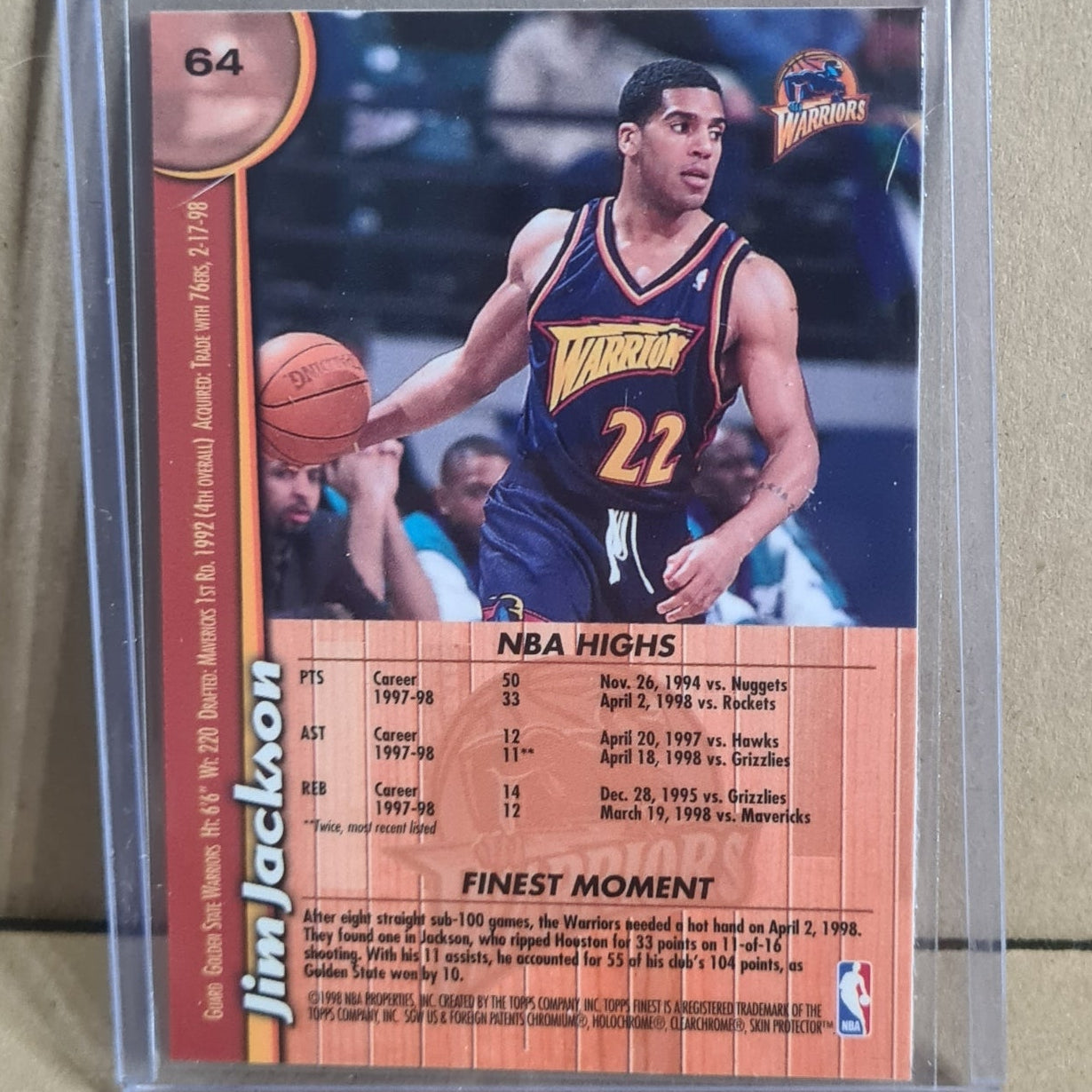 Jim Jackson Topps Finest 1998 #64 NBA Basketball Golden State Warriors Ex- sleeved