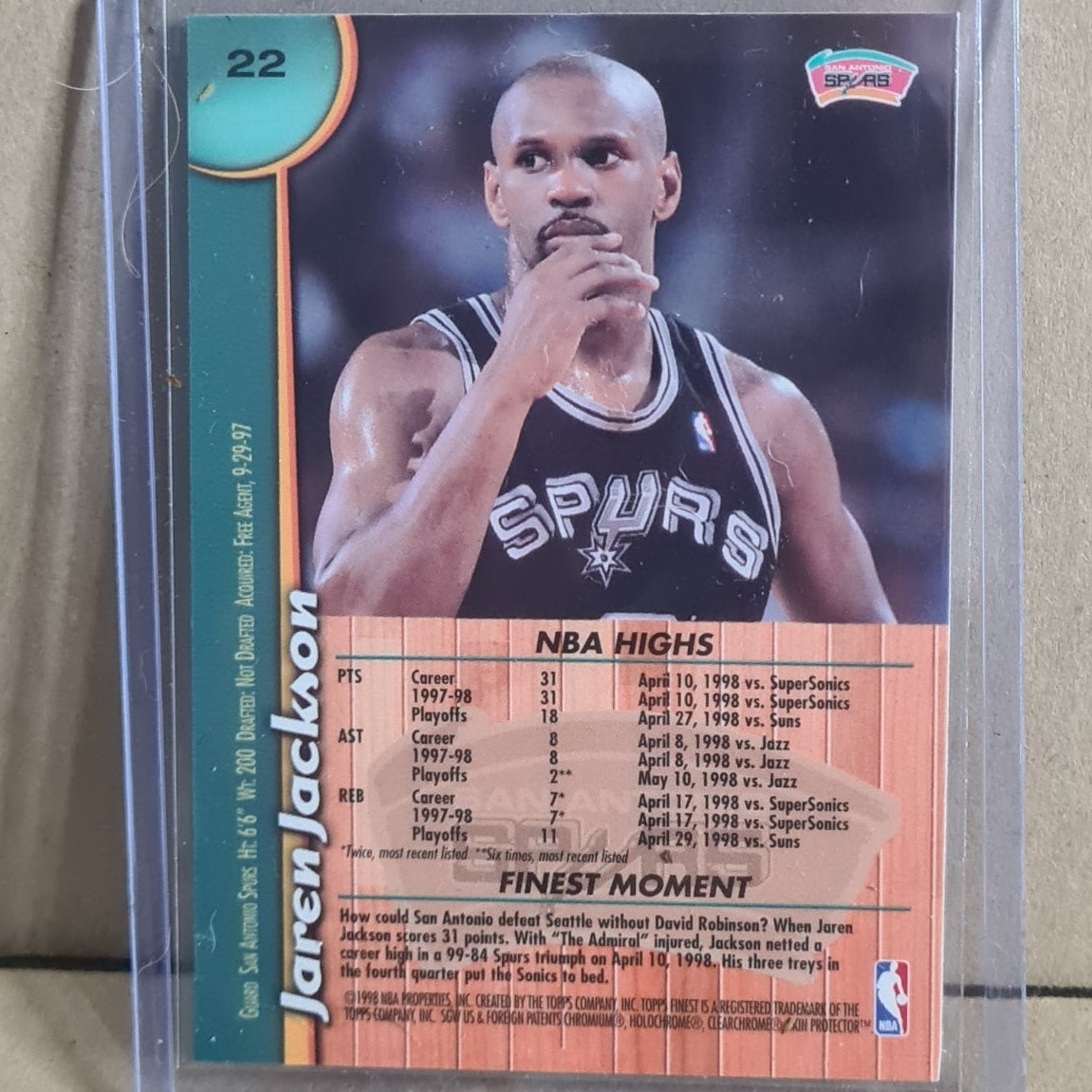 Jaren Jackson Topps Finest 1998 #22 NBA Basketball San Antonio Spurs Ex- sleeved