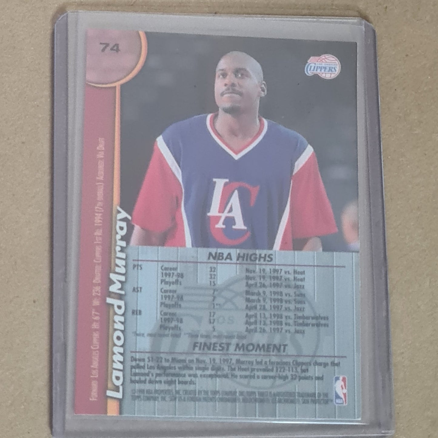 Lamond Murray Topps Finest 1998 #74 NBA Basketball Los Angeles Clippers ex- sleeved