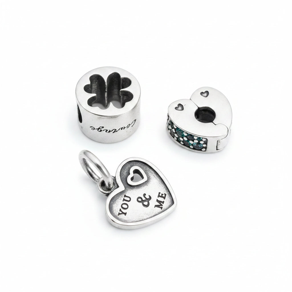 Pandora Silver charm bracelet Charms x3 heart lucky cloverleaf etc x3 .925 sterling vgc 