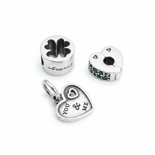 Pandora Silver charm bracelet Charms x3 heart lucky cloverleaf etc x3 .925 sterling vgc 