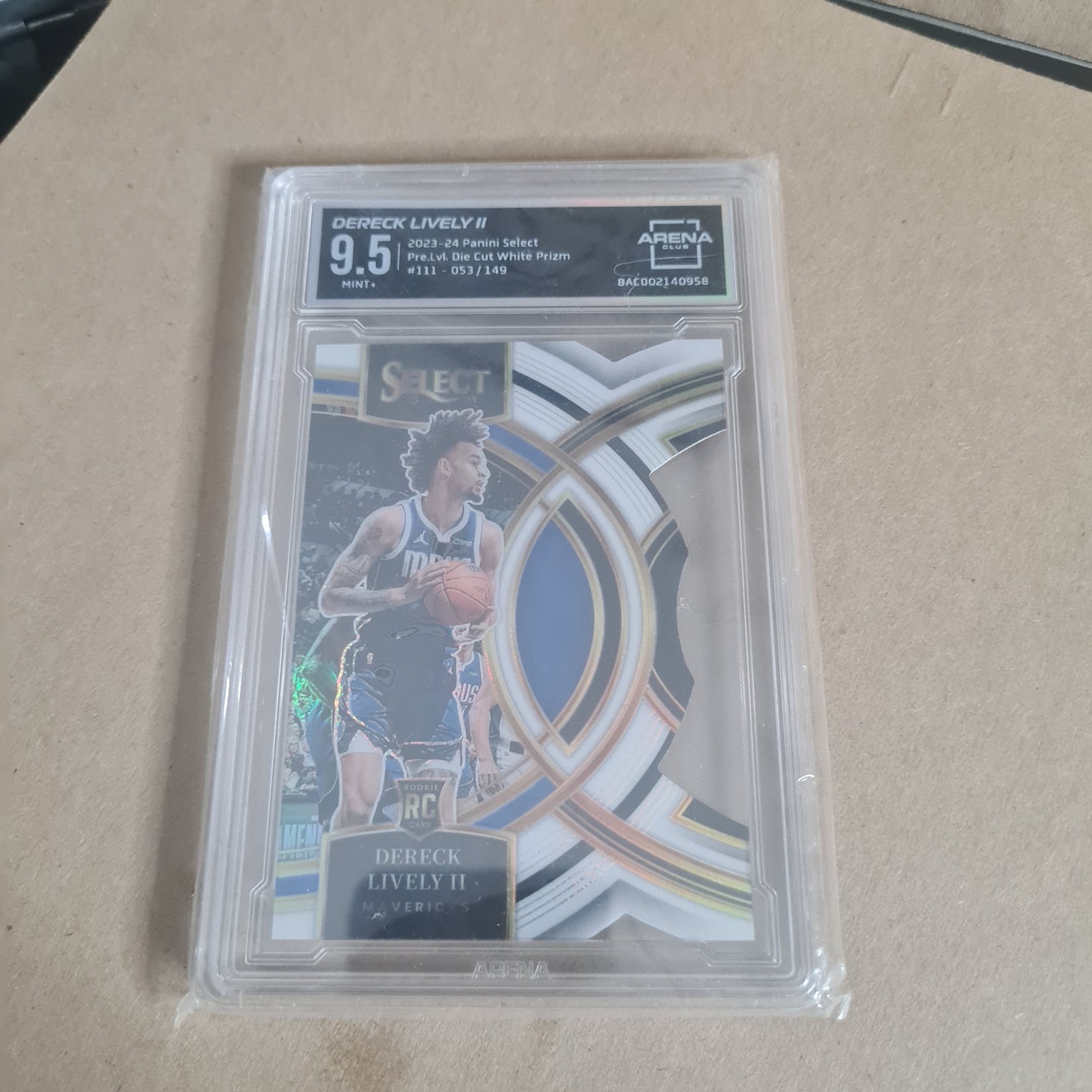 Dereck Lively II 2023-24 Panini select die-cut white prizm Rookie RC #111 Basketball Dallas Mavericks 9.5 Arena graded slab