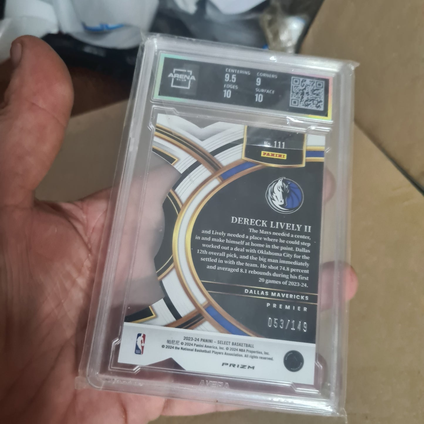 Dereck Lively II 2023-24 Panini select die-cut white prizm Rookie RC #111 Basketball Dallas Mavericks 9.5 Arena graded slab