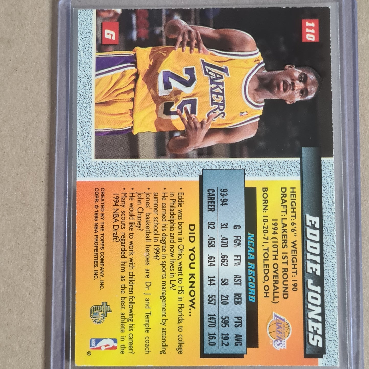 Eddie Jones 1994 Topps draft pick rookie gold embossed #110 NBA Basketball LA Lakers excellent
