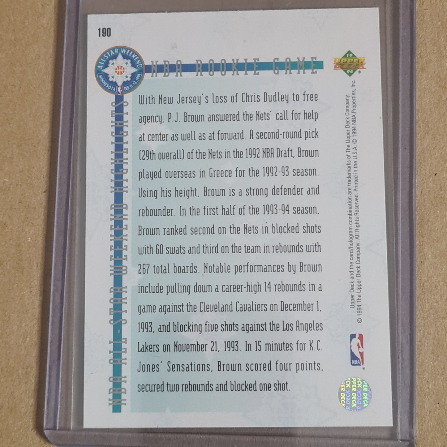 PJ Brown 1994 Upper-Deck all star Electric Court #190 NBA Basketball card fair some wear