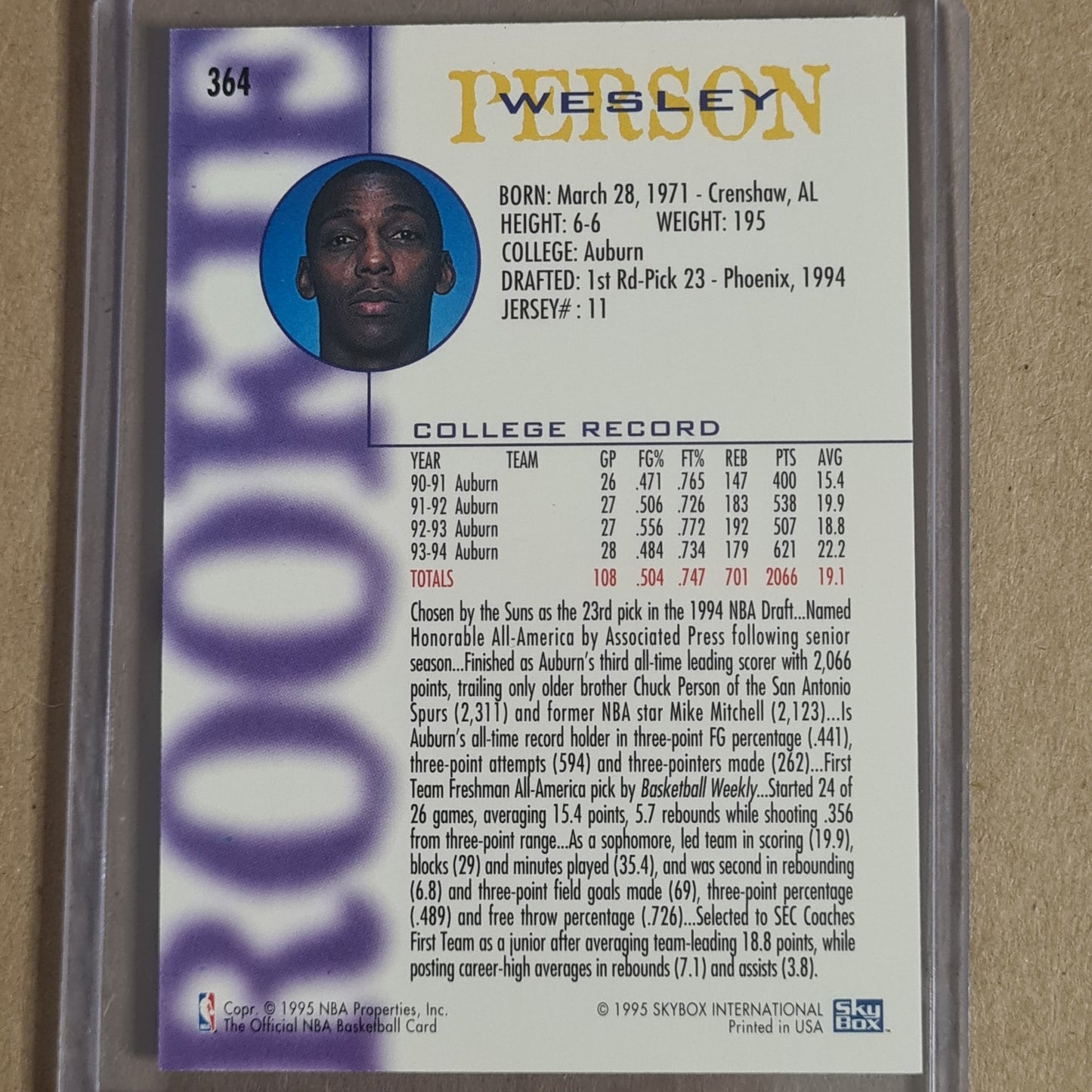 Wesley Person 1995 Skybox NBA Hoops Rookie #364 NBA Basketball Phoenix Suns excellent