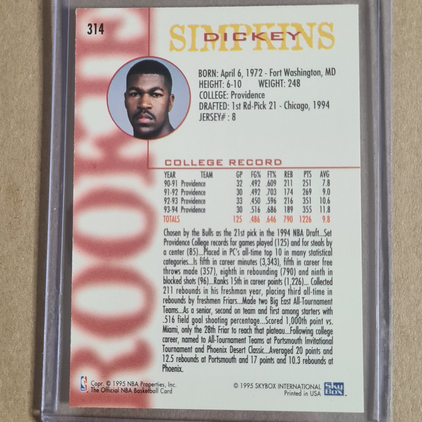Dickey Simpkins 1995 Skybox NBA Hoops  Rookie #314 NBA Basketball Chicago Bulls vgc+