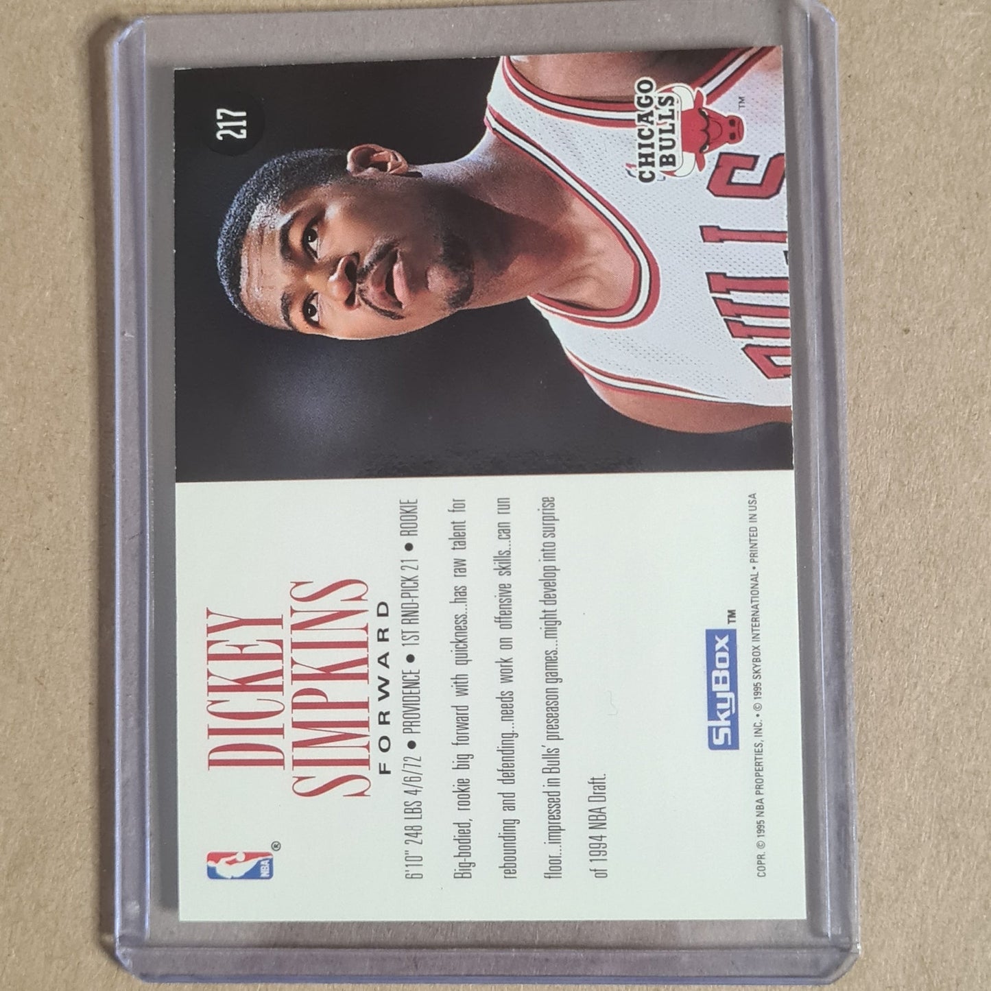 Dickey Simpkins 1995 Skybox 94-95  Rookie #217 NBA Basketball Chicago Bulls excellent