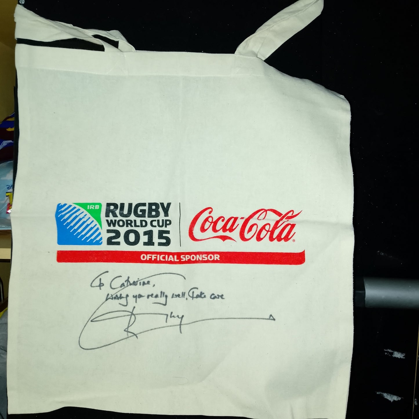 2015 Rugby World cup Coca-Cola sponsored tote bag, signed jonny Wilkinson autograph vgc