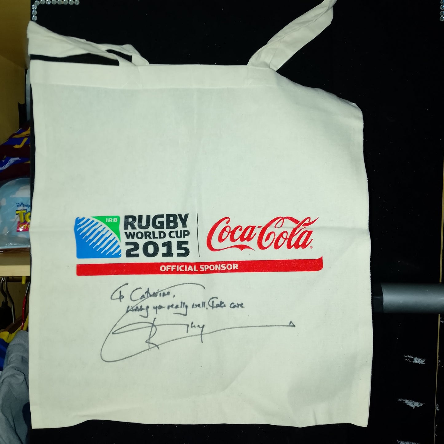 2015 Rugby World cup Coca-Cola sponsored tote bag, signed jonny Wilkinson autograph vgc