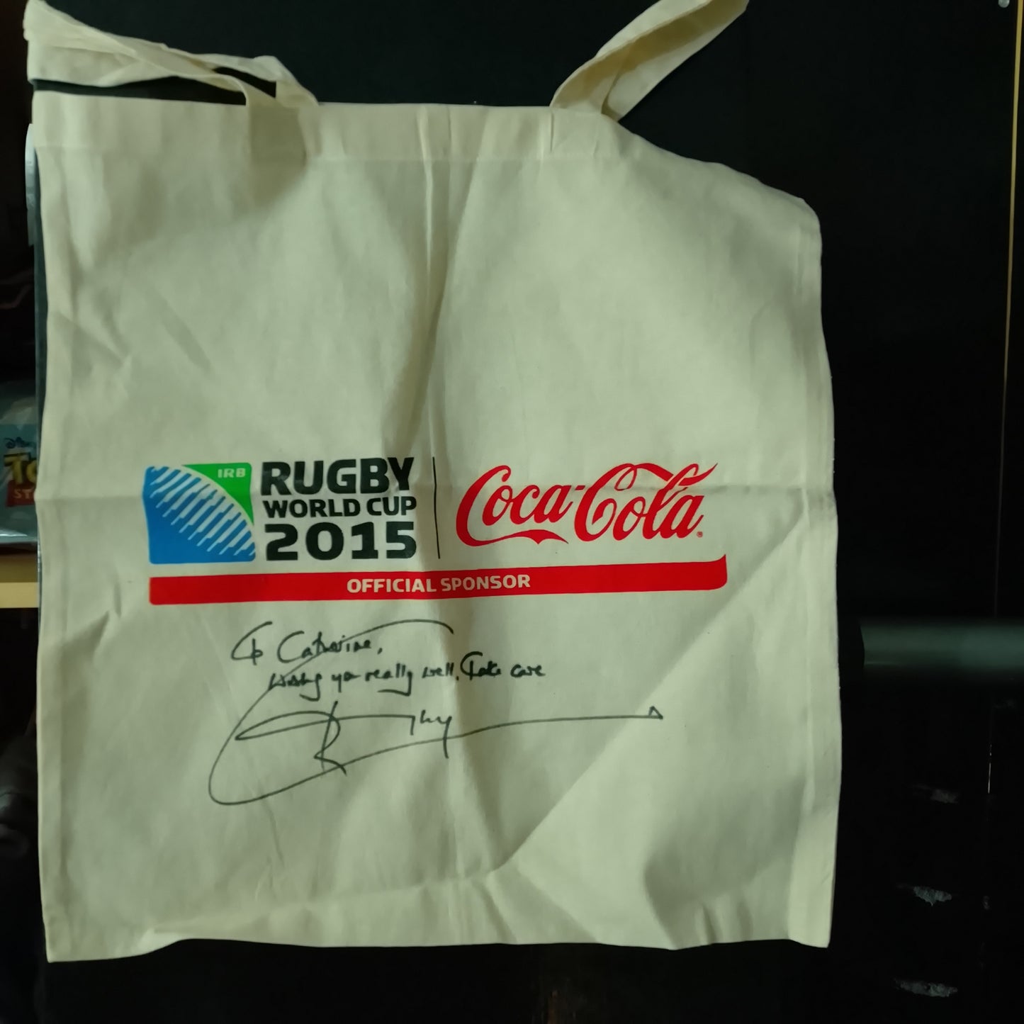 2015 Rugby World cup Coca-Cola sponsored tote bag, signed jonny Wilkinson autograph vgc