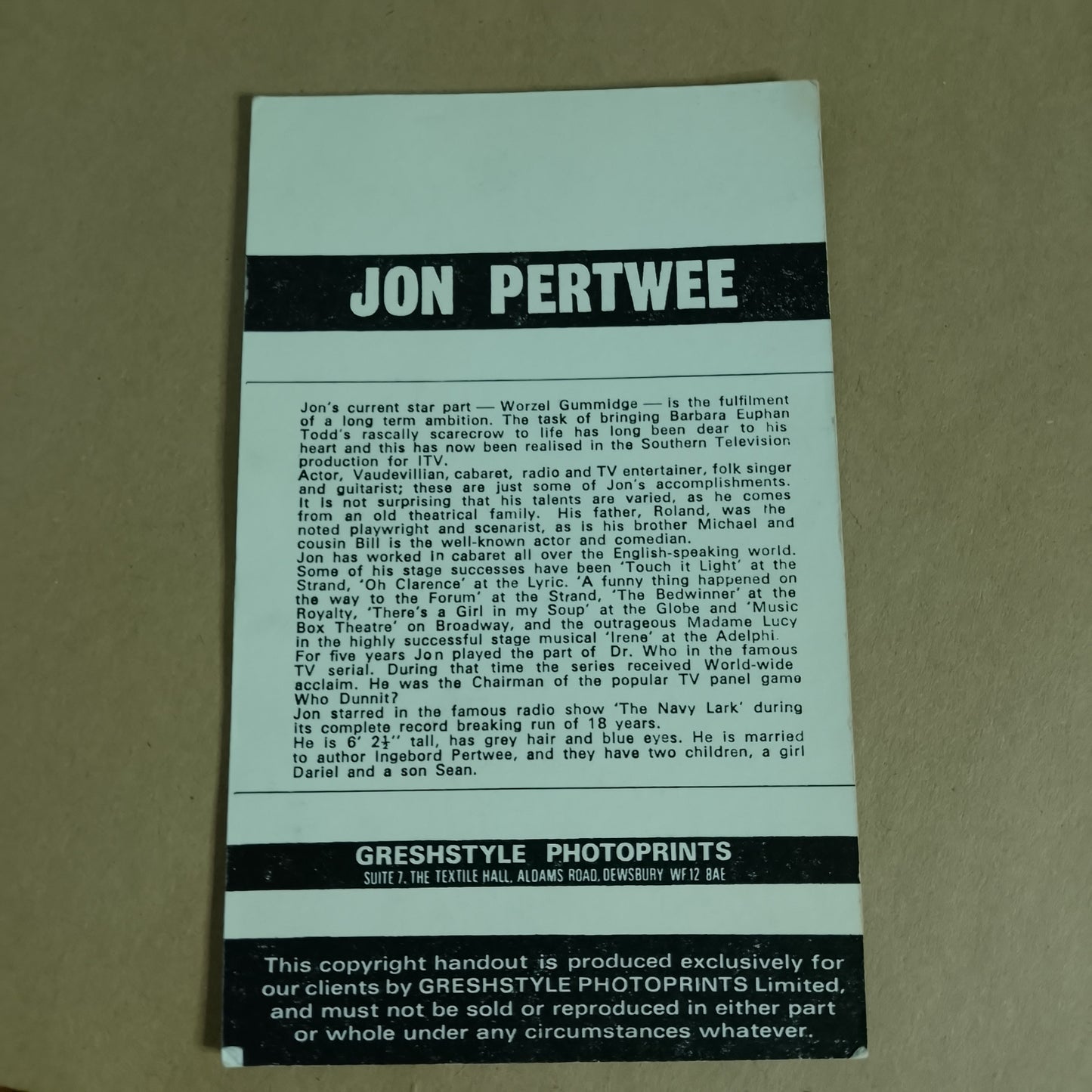 Worzell Gummidge soutern Television john pertwee autograph promo card (printed)