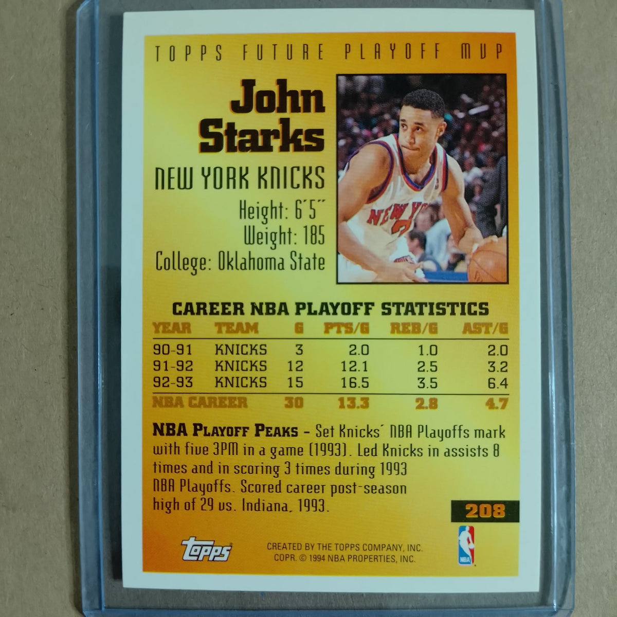 John Starks 1994 Topps Gold future MVP #208 NBA Basketball New York Knicks vgc+