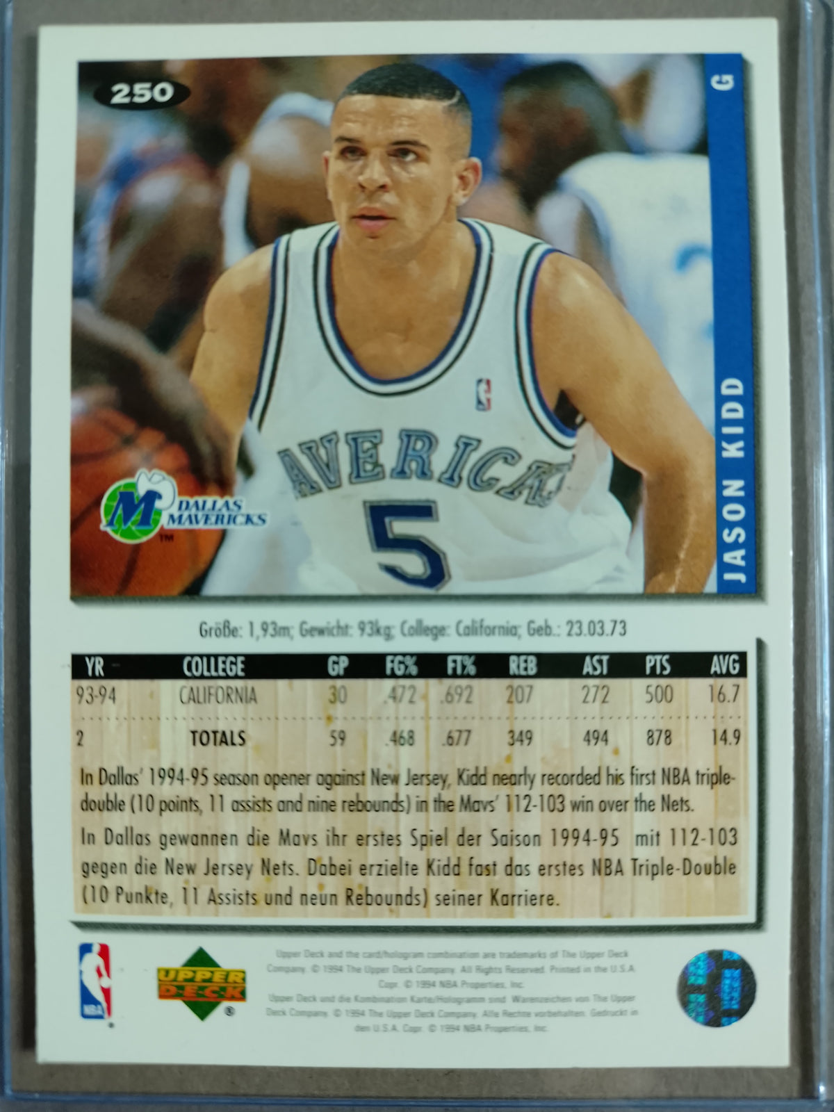 Jason Kidd 1994 Upper Deck collectors choice Rookie #250 NBA Basketball Dallas Mavericks excellent