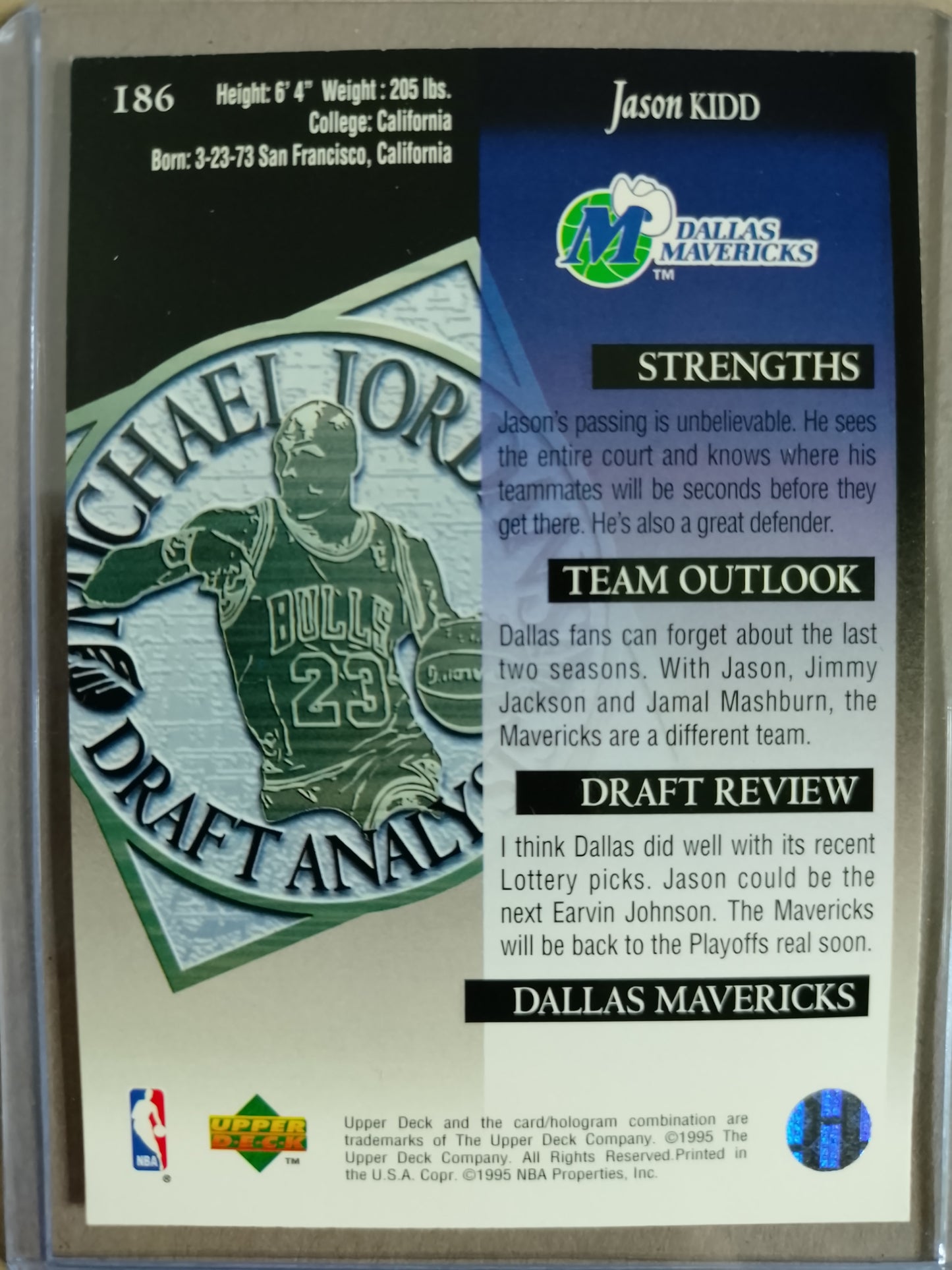 Jason Kidd 1995 Upper-Deck jordans draft analysis RC #186 NBA Basketball Dallas Mavericks VGC