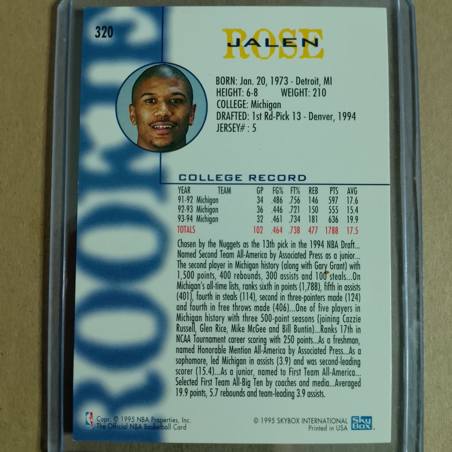 Jalen Rose 1995 Skybox NBA Hoops Rookie #320 NBA Denver Nuggets Excellent