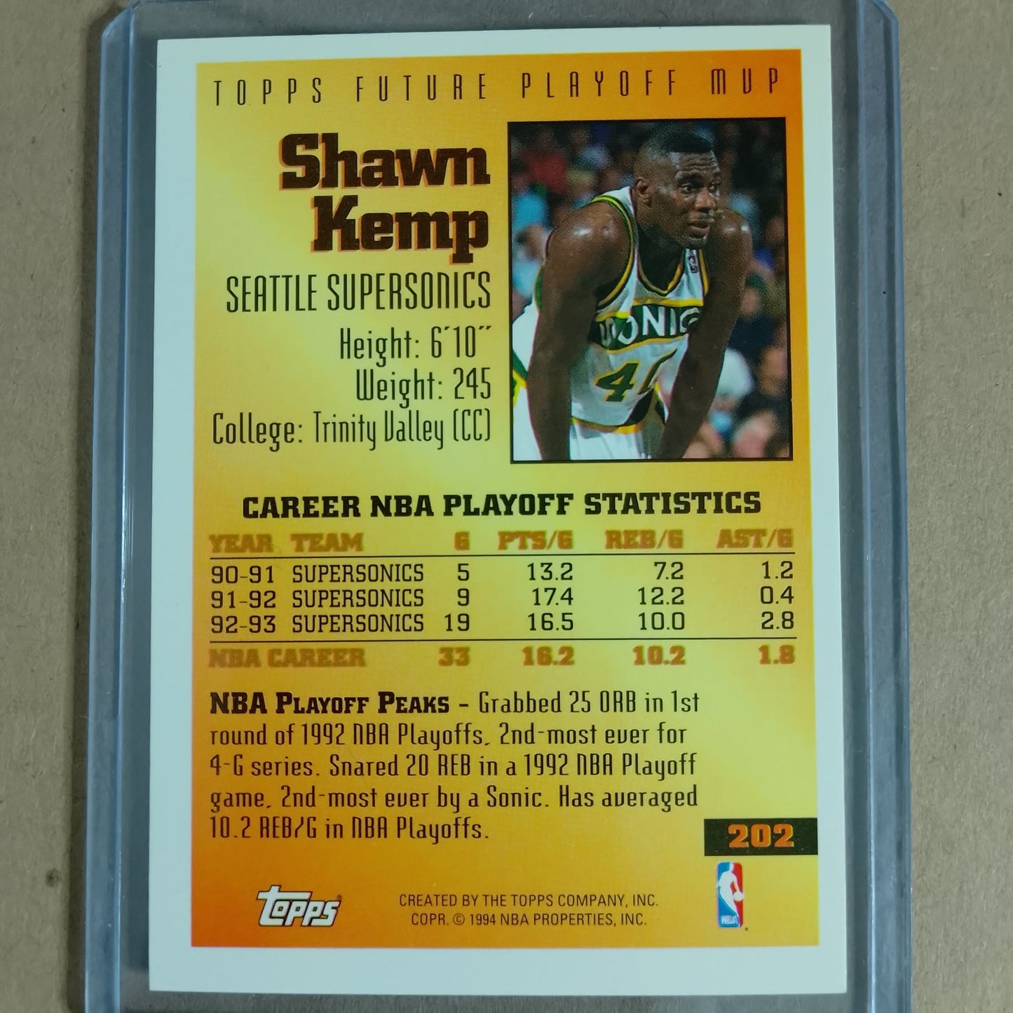 Shawn Kemp 1994 Topps future playoff MVP #202 NBA Basketball Seattle super sonics Excellent Sleeved