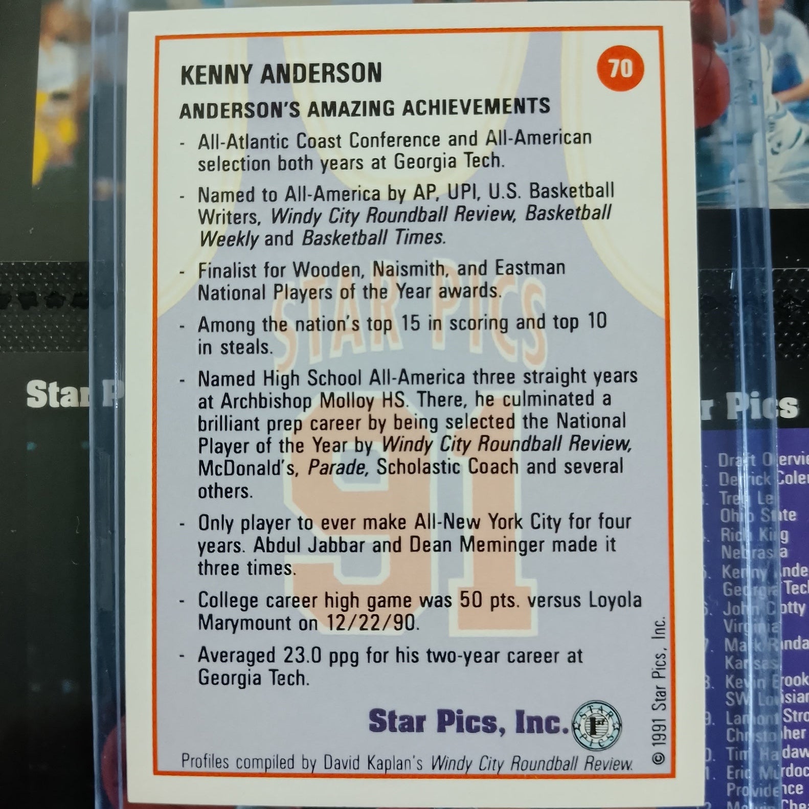 Kenny Anderson 1991 star pics  #70 NBA Basketball George tech colledge superb Sleeved