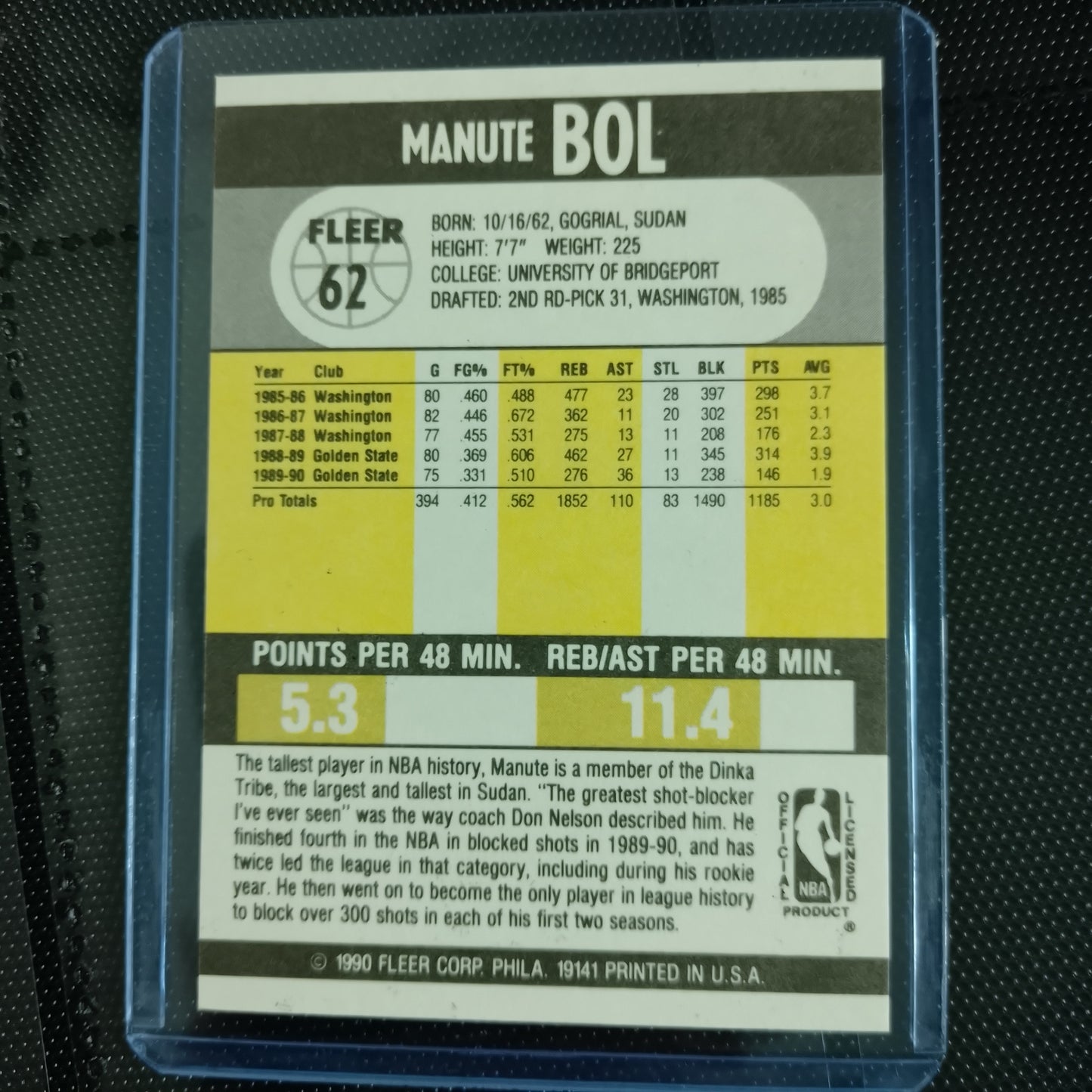 Manute Bol 1990 Fleer 90 #62 NBA Basketball Golden State Warriors superb Sleeved