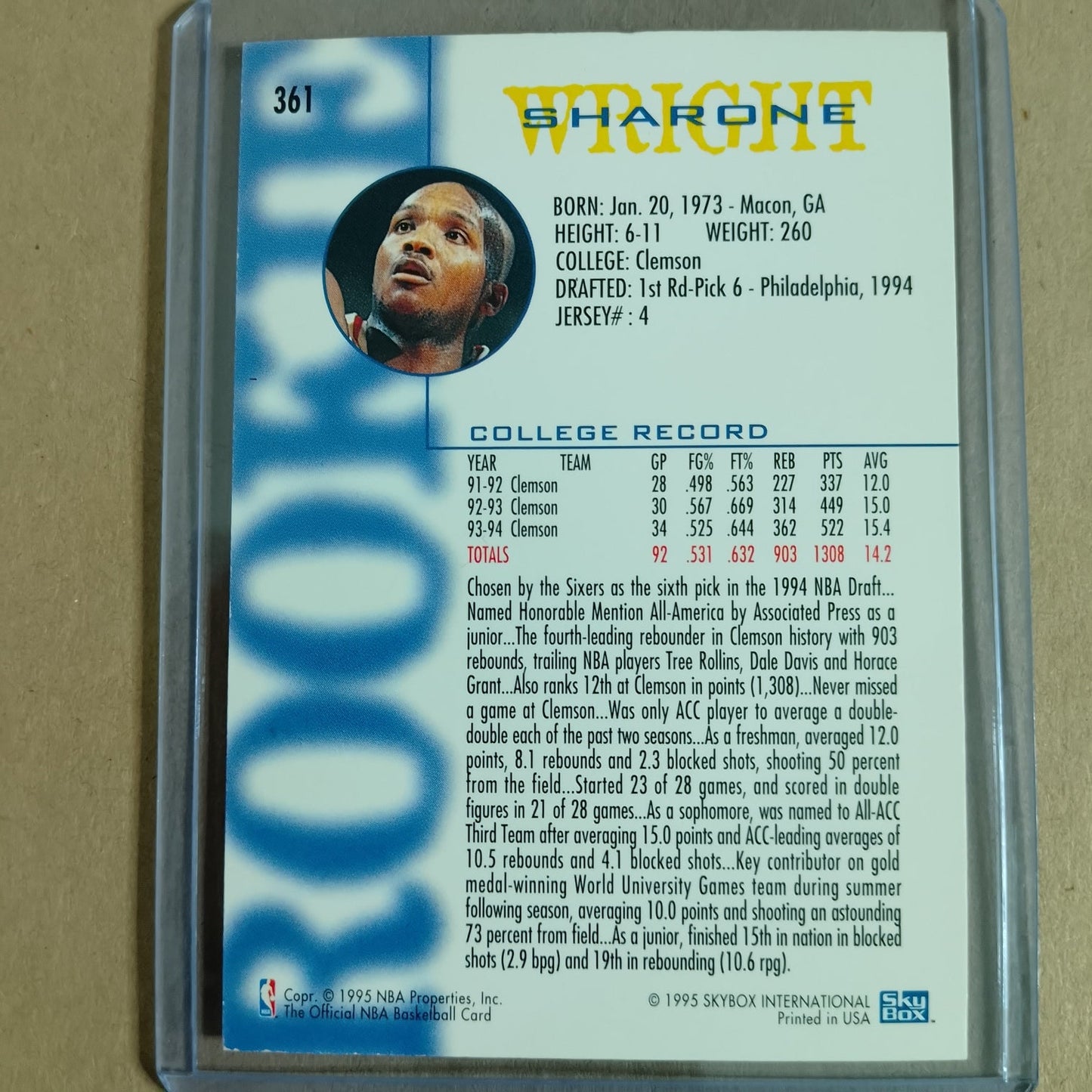 Sharone Wright 1995 Skybox NBA Hoops Rookie RC #361 NBA Philadelphia 76ers excellent