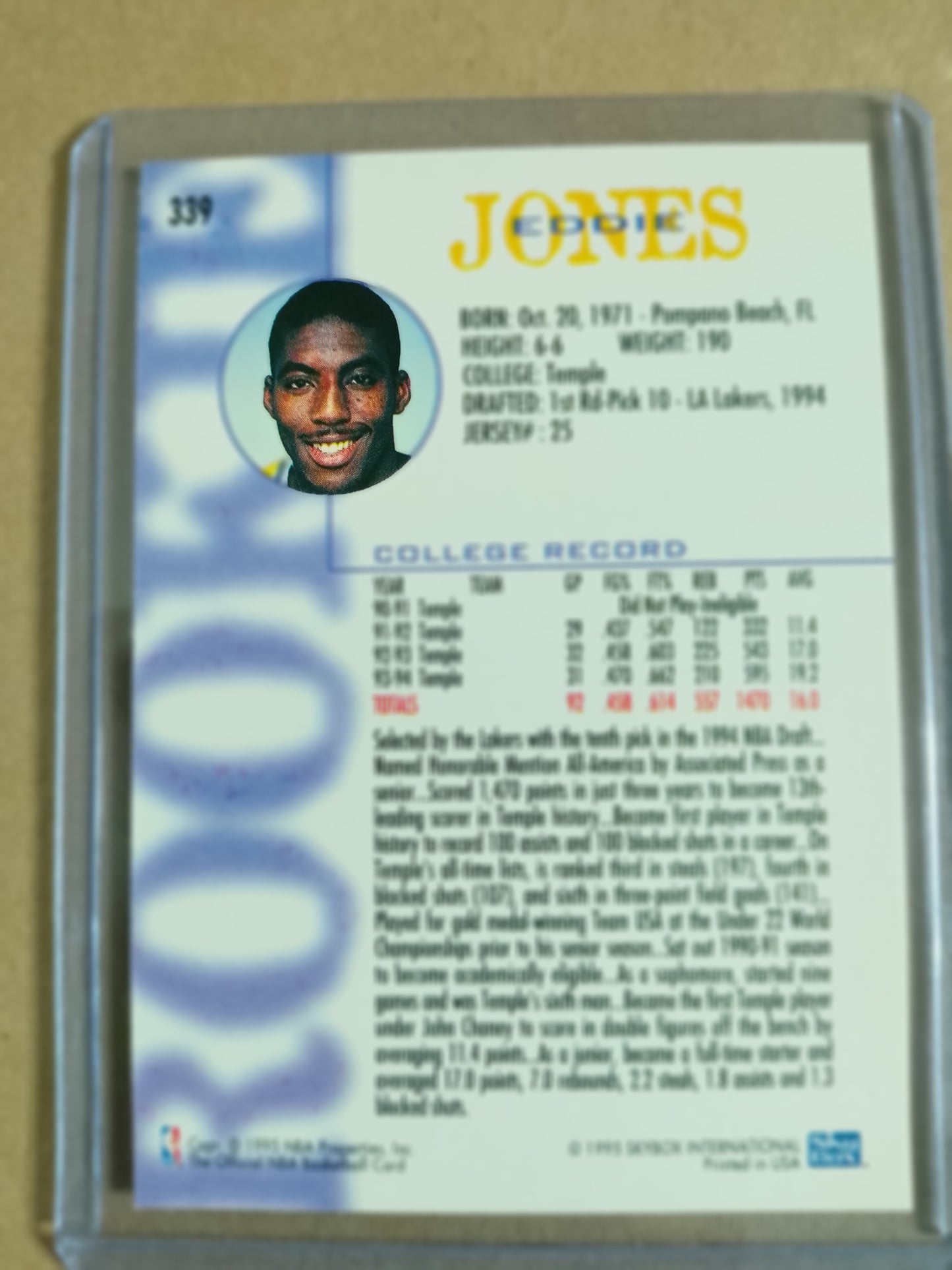Eddie Jones 1995 Skybox NBA Hoops Rookie RC #339 NBA Basketball LA Lakers Excellent