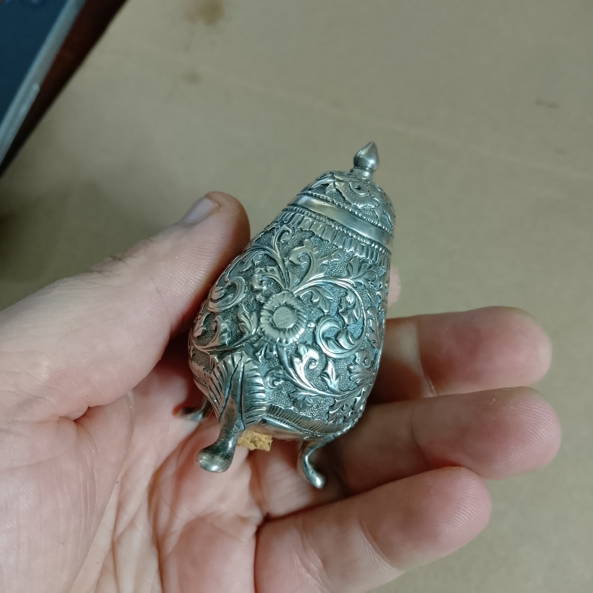 Vintage solid silver condiment shaker Indian Kutch Region 1890-1910 period 42grms pear shaped