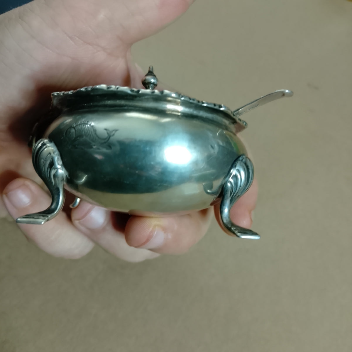 Vintage Sterling silver mustard tartar etc container bowl with spoon fish motiff 134grms