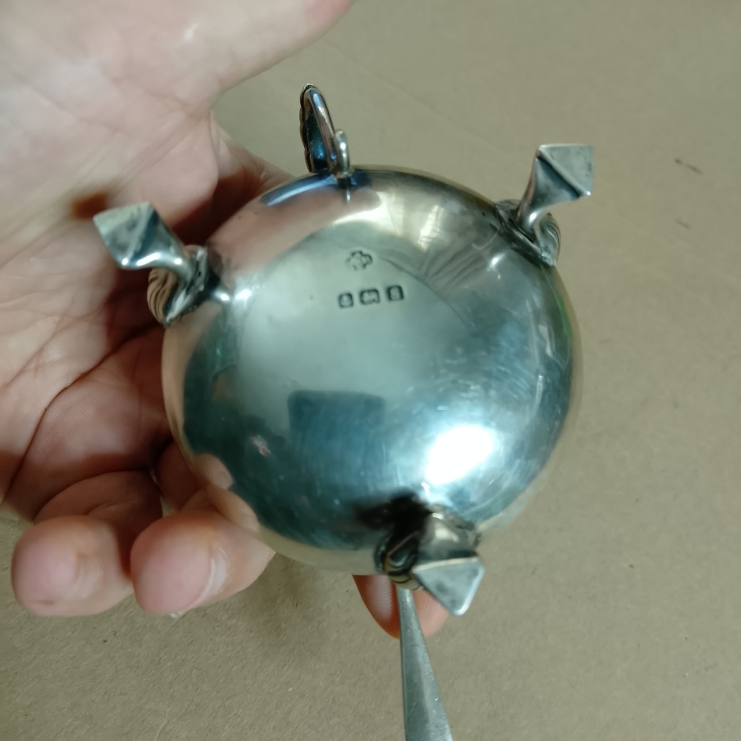 Vintage Sterling silver mustard tartar etc container bowl with spoon fish motiff 134grms