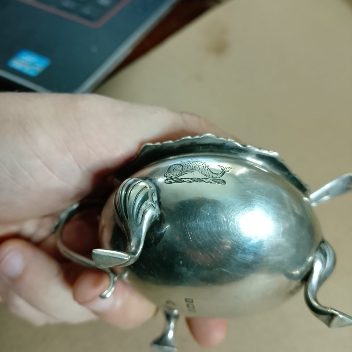 Vintage Sterling silver mustard tartar etc container bowl with spoon fish motiff 134grms